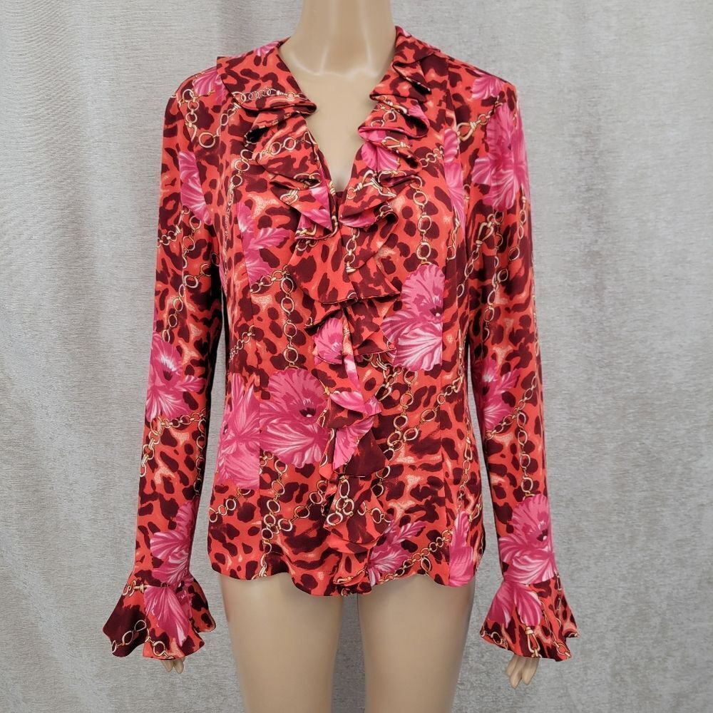 Gallia Y2K Silk Floral Leopard Cascading Ruffle Poet Red Pink Blouse Top